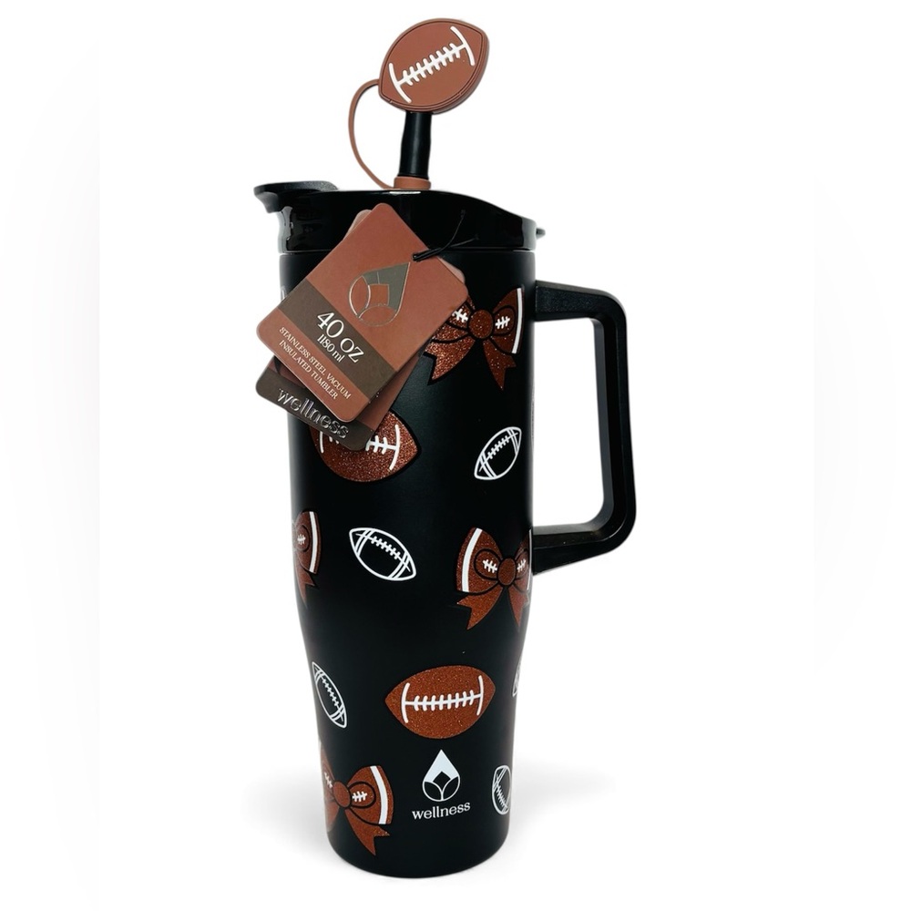 Wellness 40 oz Stainless Steel Tumbler Sparkle Football & Bows Print NEW